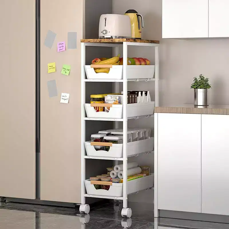 TROPOW 5-Tier Slim Rolling Cart C White Metal Utility Cart with Wood Top for Kitchen/Bathroom (1-Pack)