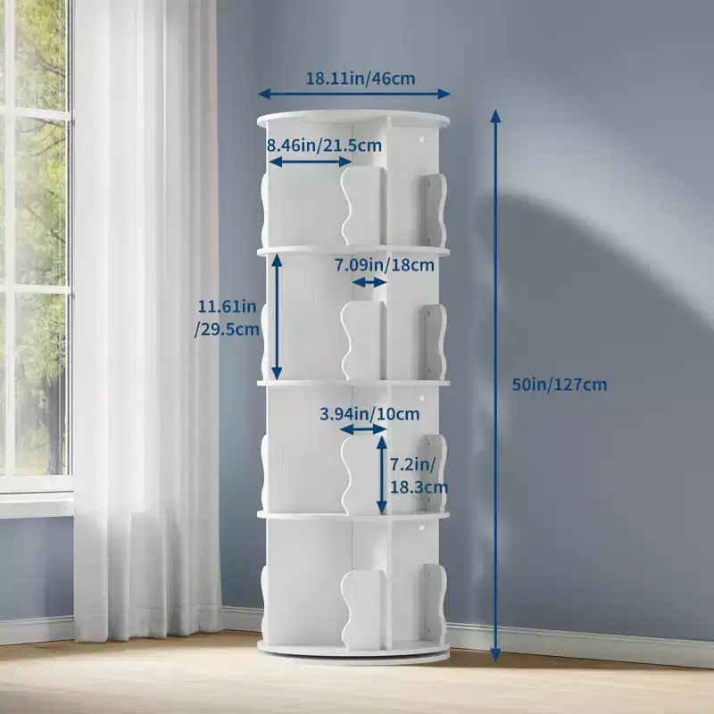 Rotating Bookshelf, 4 Tier Floor Standing Bookcase with Storage Rack, 50 Tall Small Revolving Bookcase for Small Space Bedroom Living Room