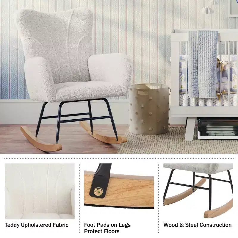 Rocking Chair Teddy Fabric Upholstered Chair Ergonomic Modern Rocker