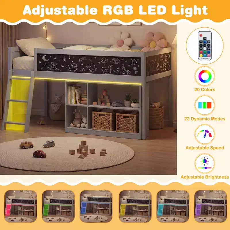 Costway Kids Loft Bed w/LED Lights Chalkboard & Removable Bookcase Safety Guardrail