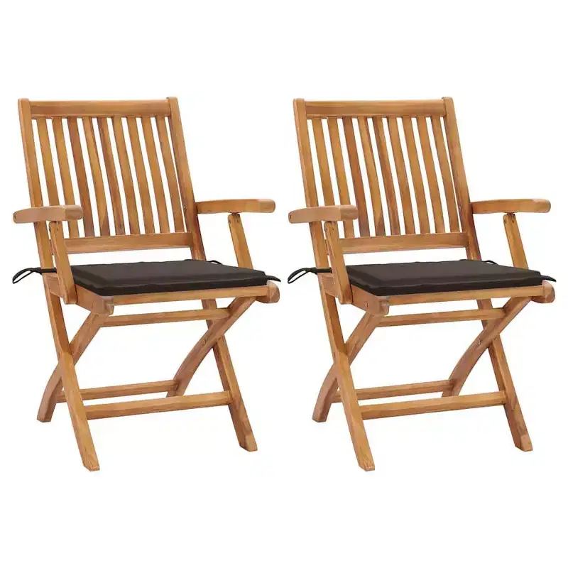 vidaXL Solid Teak Wood Patio Chairs with Comfortable Taupe Cushions - Set of 2 - Weather Resistant, Foldable Garden Chairs for Indoor/Outdoor Use