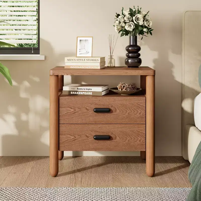 Modern Nightstand with 2 Drawers & Open Shelf – Warm Brown Ash Wood Finish