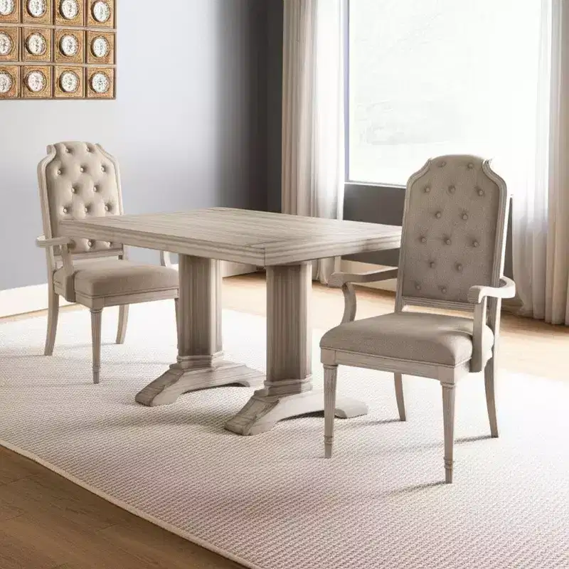 HomeRoots Set of Two Tufted Antiqued White and Champagne Upholstered Fabric And Solid Wood Dining Arm Chairs