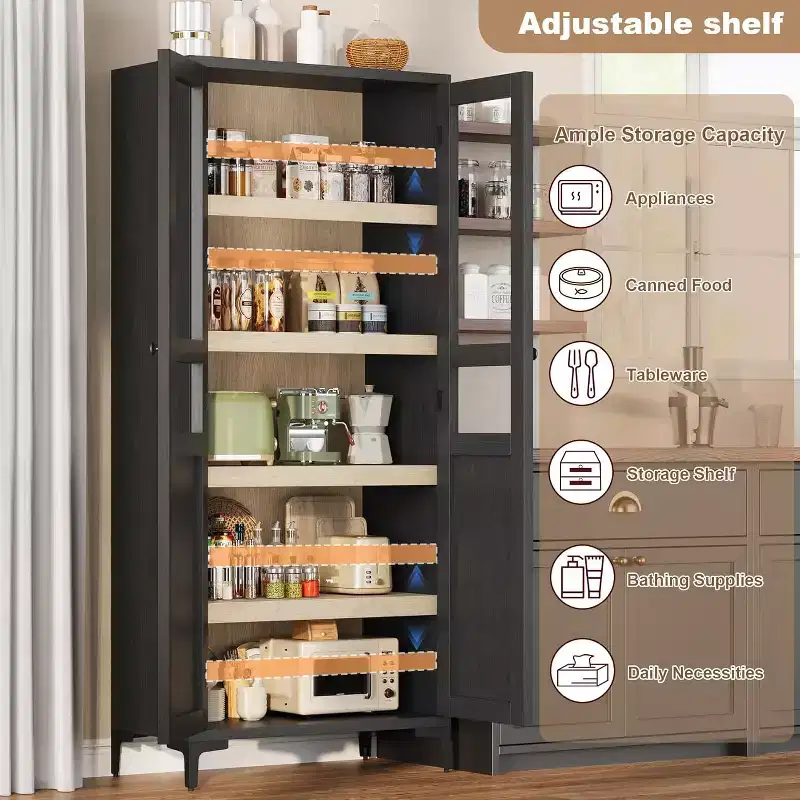 Tall Storage Cabinet with Glass Doors, Kitchen Pantry 5 Tier Cabinet with Adjustable Shelves