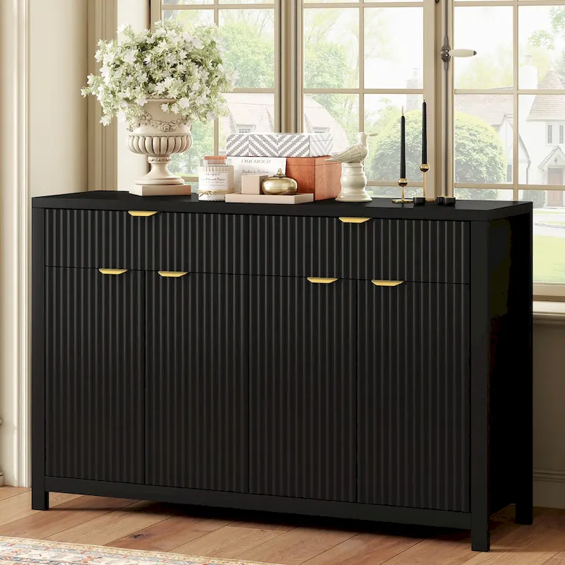 55 Modern Wave-Pattern Sideboard Cabinet Sofa Table with 2 Drawers and 4 Doors, 3-Level Adjustable Shelves