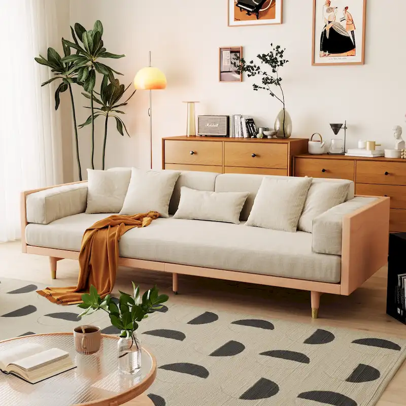 JASIWAY Modern 3-Seat Upholstered Cotton Linen Sofa,Beige