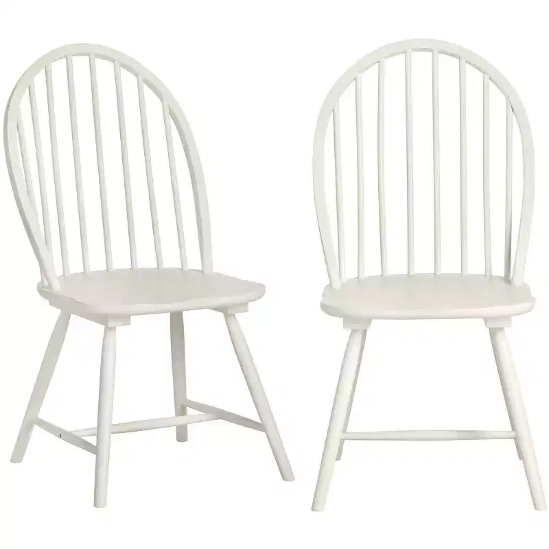 Set of 2 White Solid Wood Windsor-Style Dining Chairs