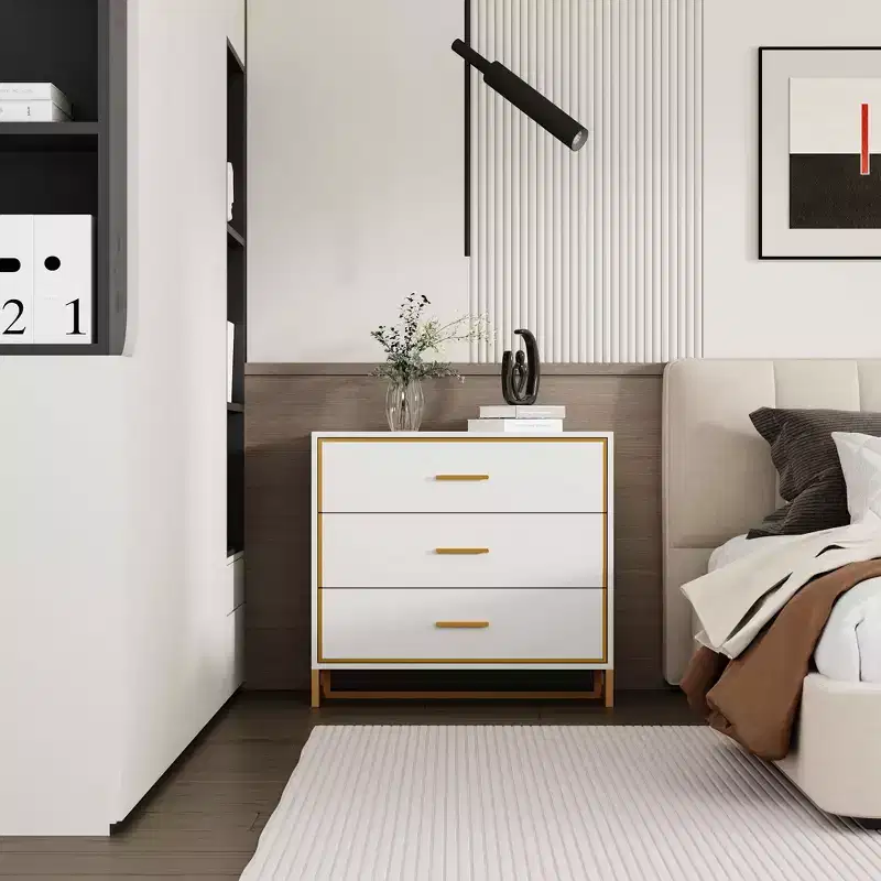 3-Drawer Modern Nightstand with Open Metal Frame, Black & Gold Finish, 28.7