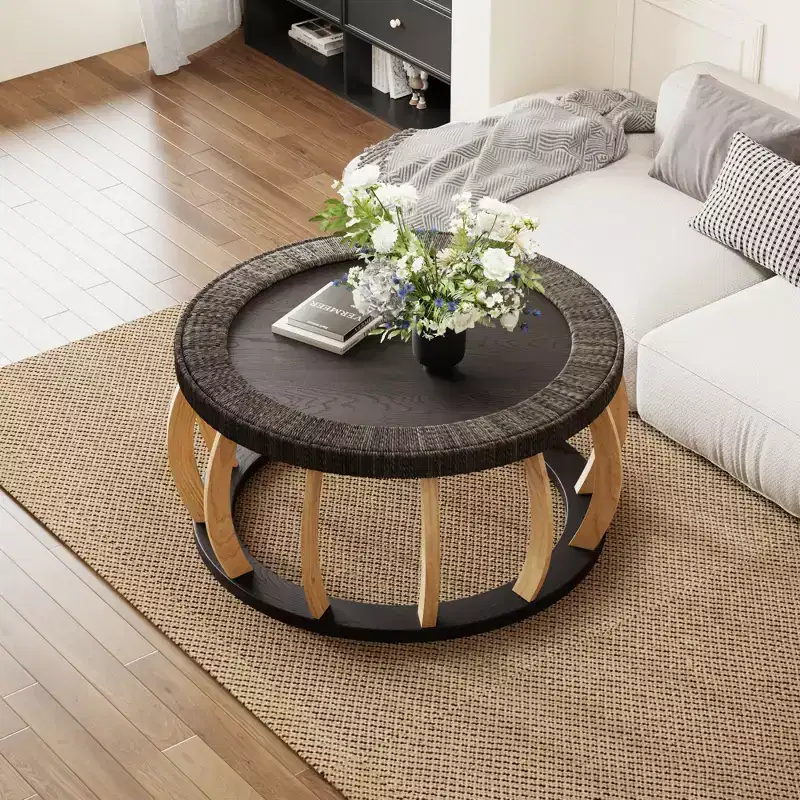 35.43 Round Coffee Table, Boho Accent Table Center Table, Solid Wood Curved Legs with Rattan Woven Top