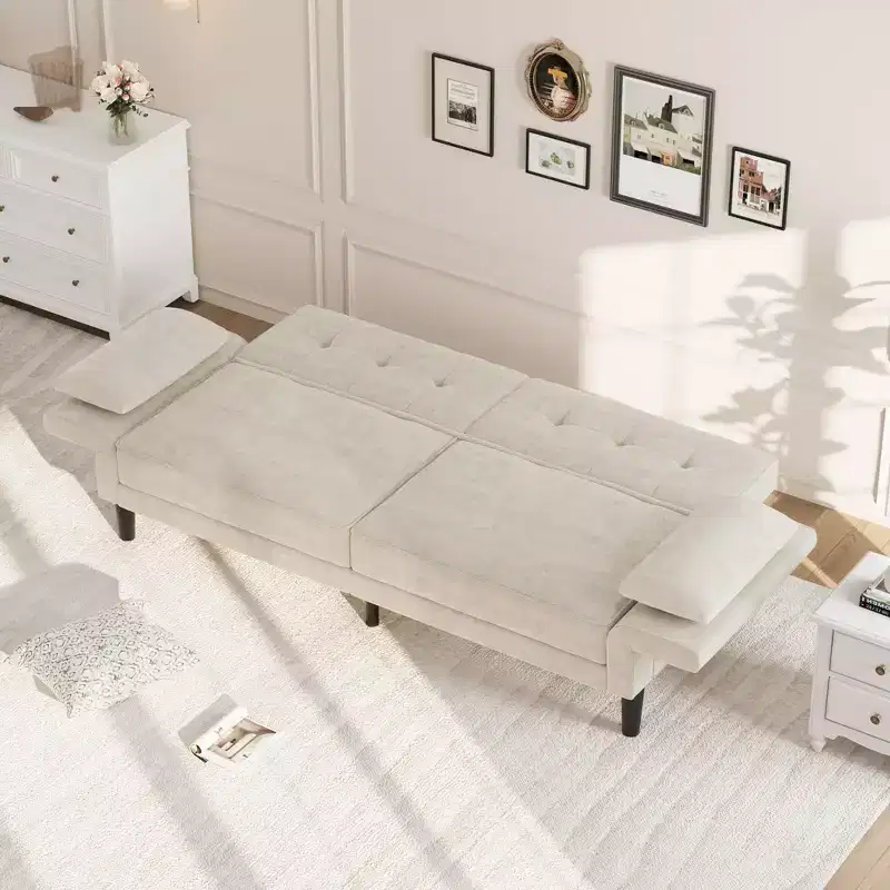 89 Futon Sofa Bed, Modern Sleeper Sofa with Adjustable Backrest & Armrest, Convertible Futon Couch Bed with 2 Pillows for Living Room, Bedroom
