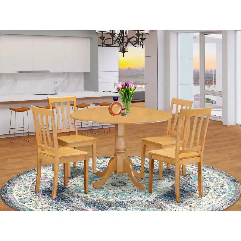 HomeStock 5-Piece Round Natural Oak Finish Solid Wood Top Dining table with 4 Chairs