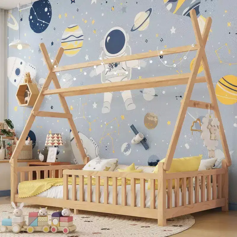 Twin/Full Size House Roof Floor Bed Frame with Fence & Decor Lights,Modern Student Bed for Bedroom,Kids Room,Playrooms
