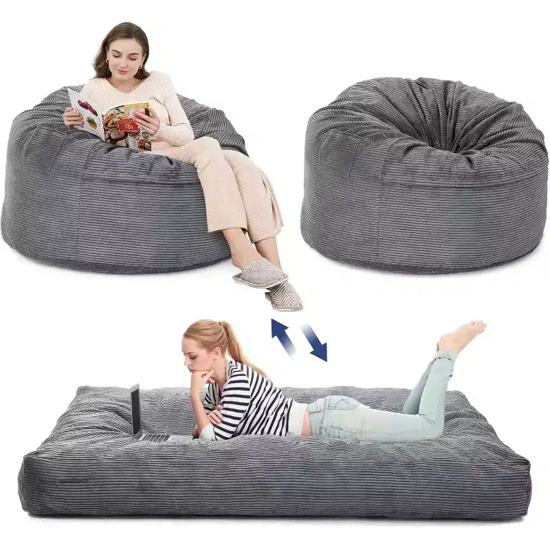 Adult Convertible Bean Bag Chair with Washable Corduroy Cover, Oversized Bean Bag Bed