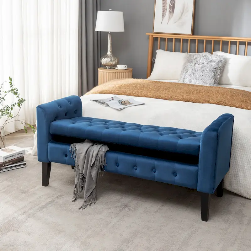 Velvet Button-Tufted Storage Bench with Rubberwood Legs 50