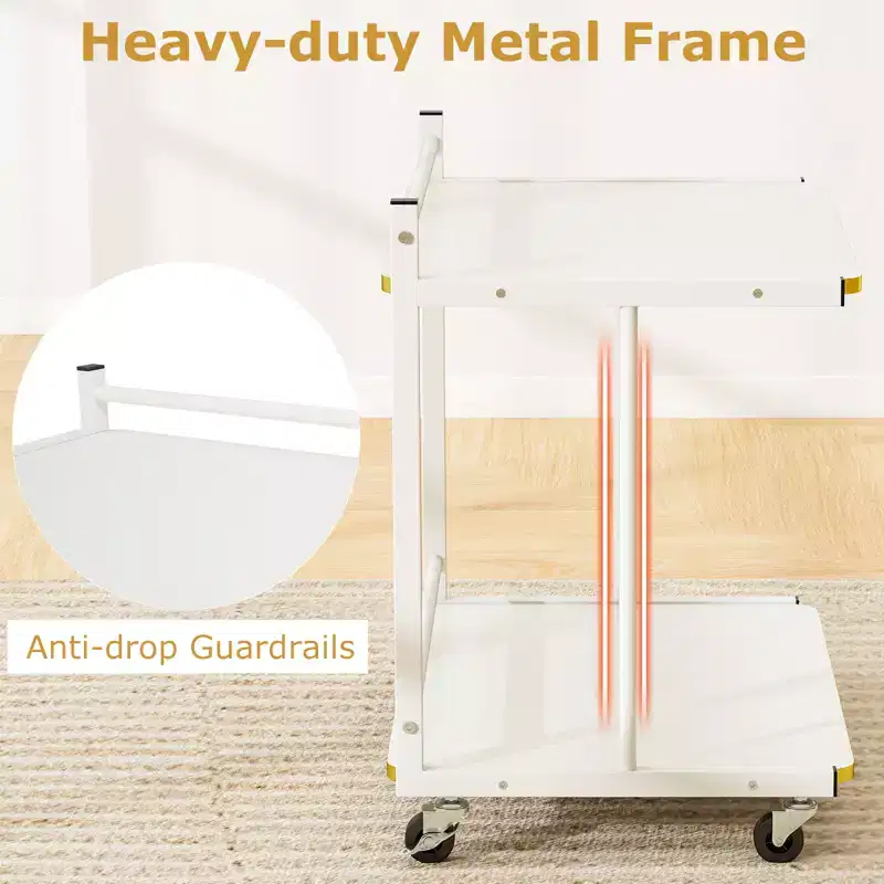 Costway 2PCS Mobile Side Table w/Open Shelves Golden Trimmed Edges Lockable Wheels