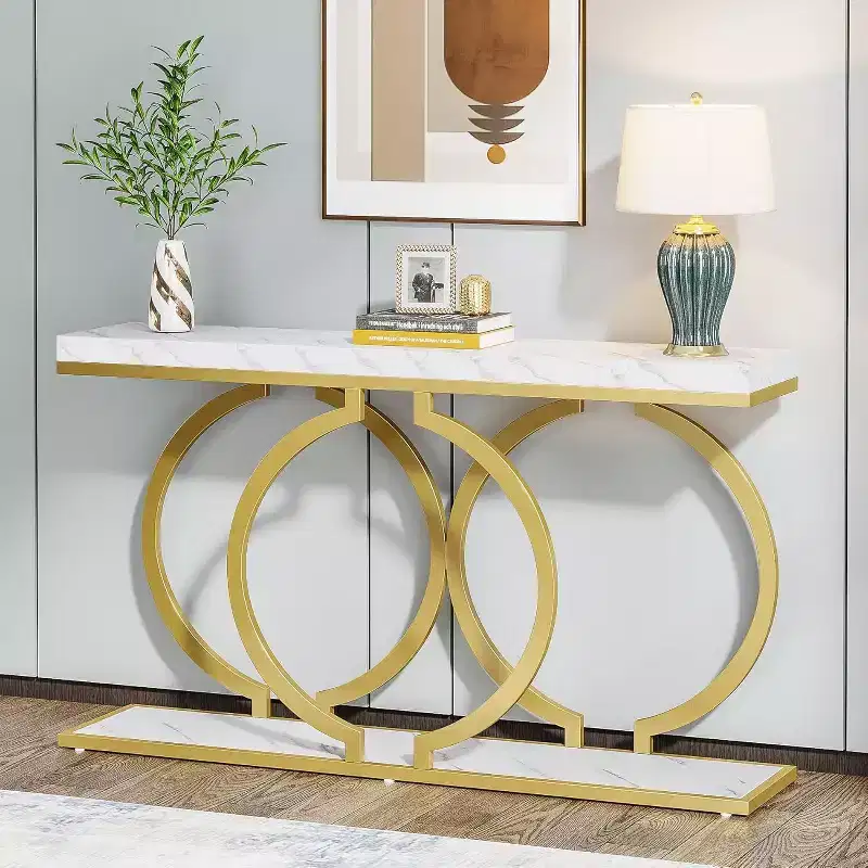 55-Inch Gold Console Table, Modern Entryway Table with Geometric Metal Frame, Faux Marble Sofa Table for Living Room, Entrance, Hallway