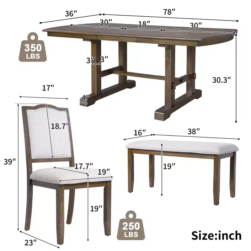 Farmhouse Extendable Dining Table Set for 6, 7 Pieces Wood Expanding Kitchen Table Set with 6 Upholstered Chairs