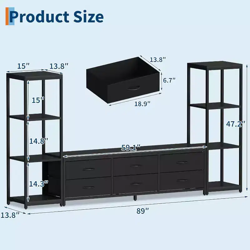 TV Stand for 75 Inch TV, Modern Entertainment Center with Drawers, Bookshelves and Power Outlets