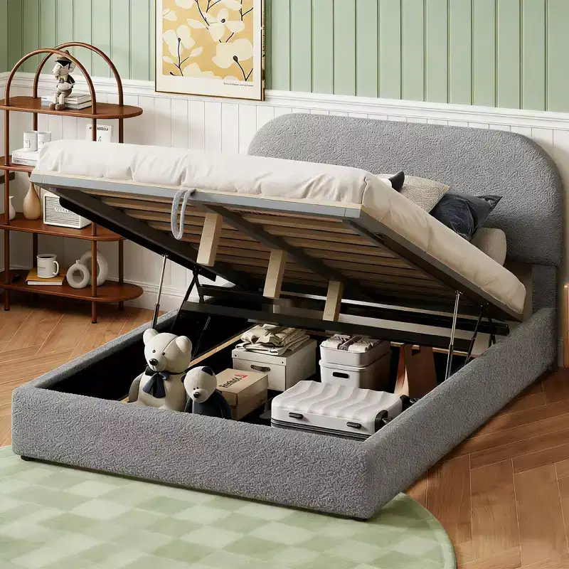 Modern Full Size Teddy Fleece Upholstered Platform Bed with Hydraulic Storage System