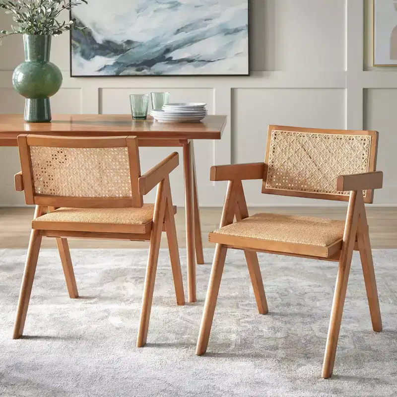 Buylateral Valentina Modern Rattan Solid Wood Arm Dining Chair Light Walnut