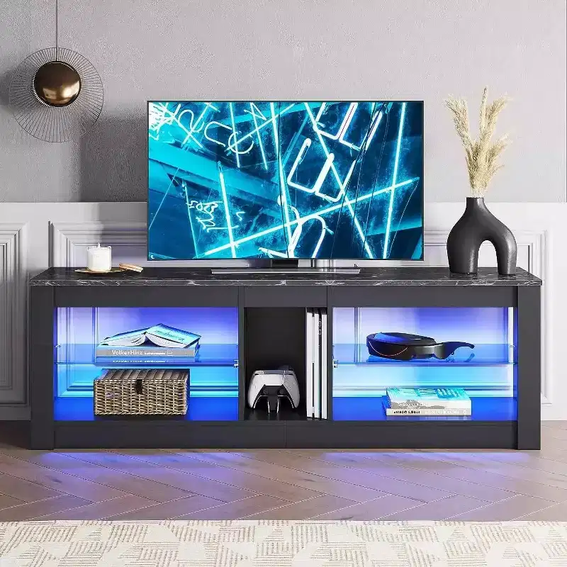 Particle Board TV Stand with Glass Shelves 18.5''H x 55.12''W x 13.78''D
