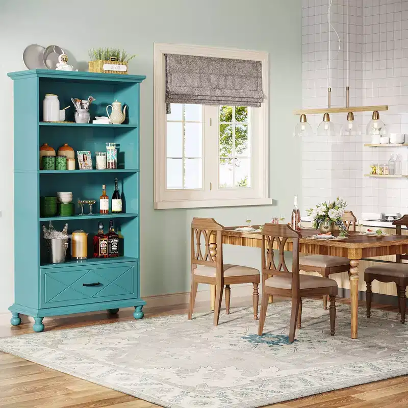 LITTLE TREE 70.87" 6 Shelf Bookcase with Drawer and Solid Wood Legs Ocean Blue
