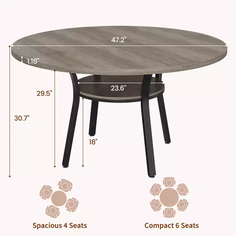 47'' Round Dining Table for 4-6 People, Farmhouse Kitchen Dining Table, Round Dinner Table with Storage Shelf for Kitchen, Living Room (Table Only)