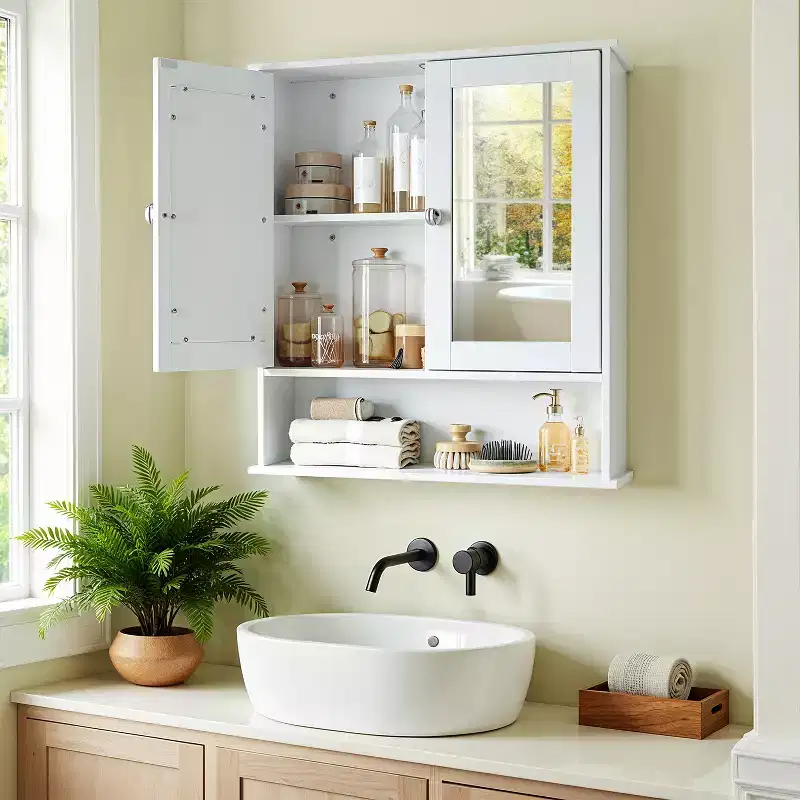 Wall-Mounted Bathroom Cabinet with 2 Mirrored Doors & Adjustable Shelf, White, 25.6x29.5in