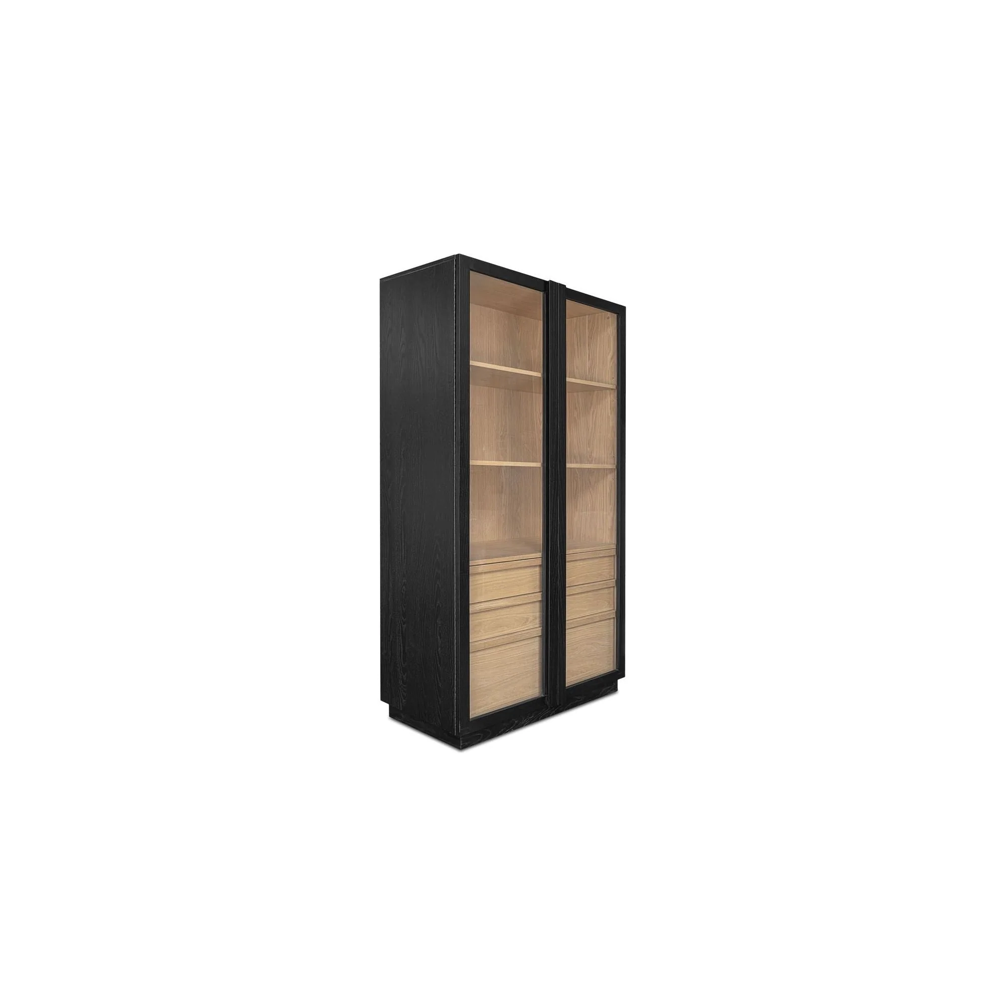 Two-Tone Solid Ash & Tempered Glass Tall Cabinet with French Cleat Handles & Adjustable Shelf for Living Room