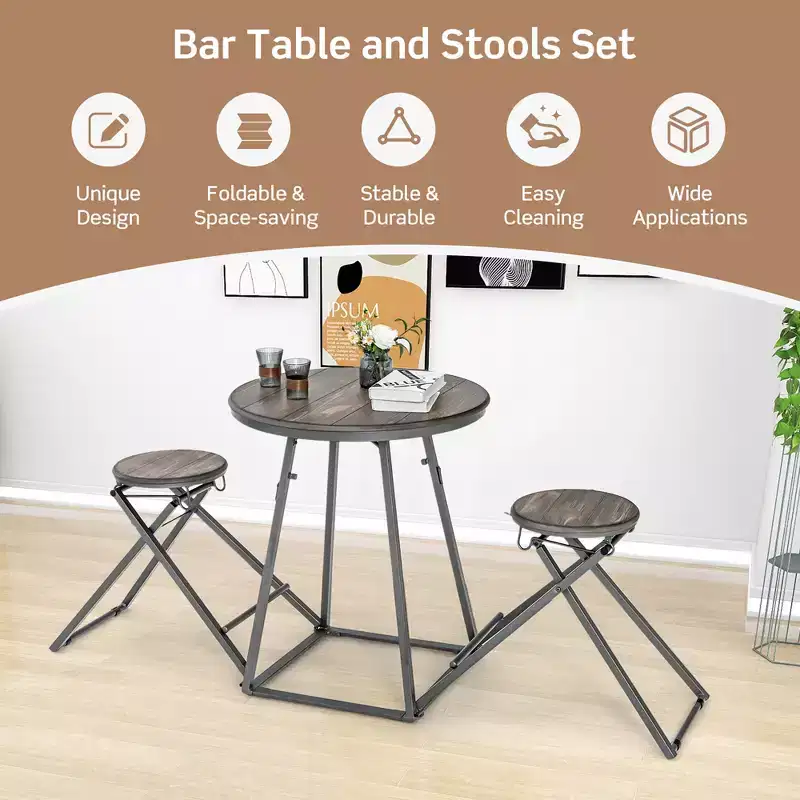 Costway 3-Piece Bar Table Set Round Pub Dining Table & 2 Foldable Stools w/ Metal Frame