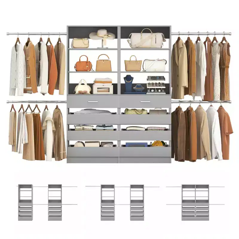 Besiost Closet System with 8 Wooden Drawers and 4 Hanging Rods