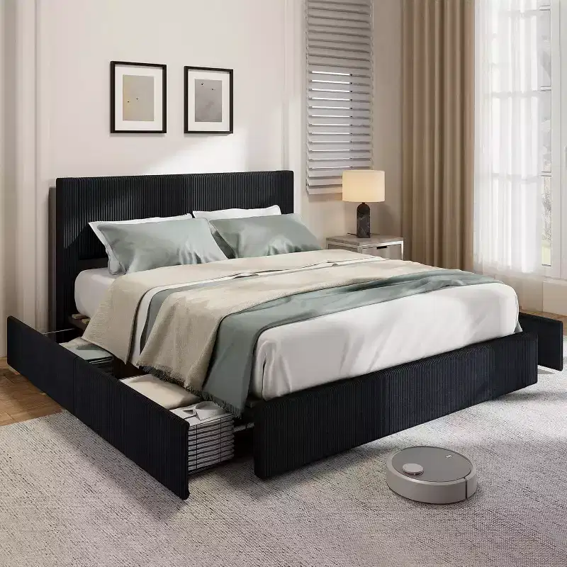 Corduroy Bed Frame - Upholstered Platform w/ 4 Storage Drawers, No Box Spring Needed