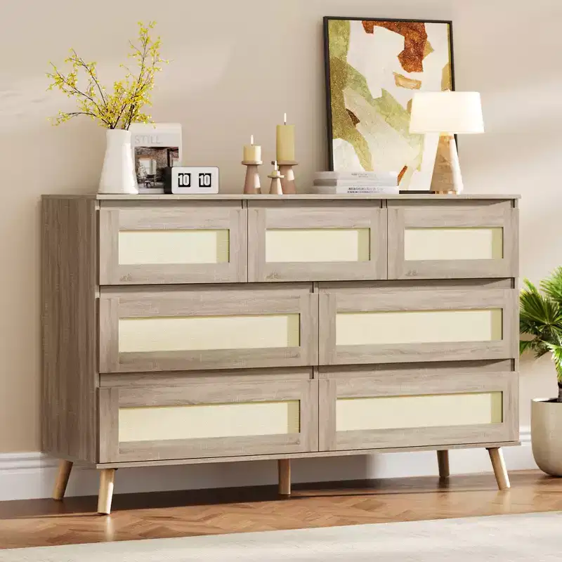 Modern Rattan 7-Drawer Dresser,Wooden Storage Cabinet Chest for Bedroom, Nursery, Living Room or Entryway Clothes Organization