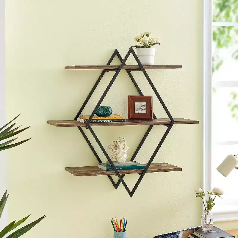 Danya B. 3-Tier Antigua Crossed Double Diamond Wall Shelf Unit Black/Rustic: Laminated Iron Frame, Includes Mounting Brackets