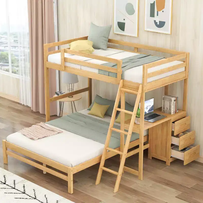 Bunk Bed Twin Over Full with Desk and 3 Drawers, Loft Bed for Kids and Adults - Natural