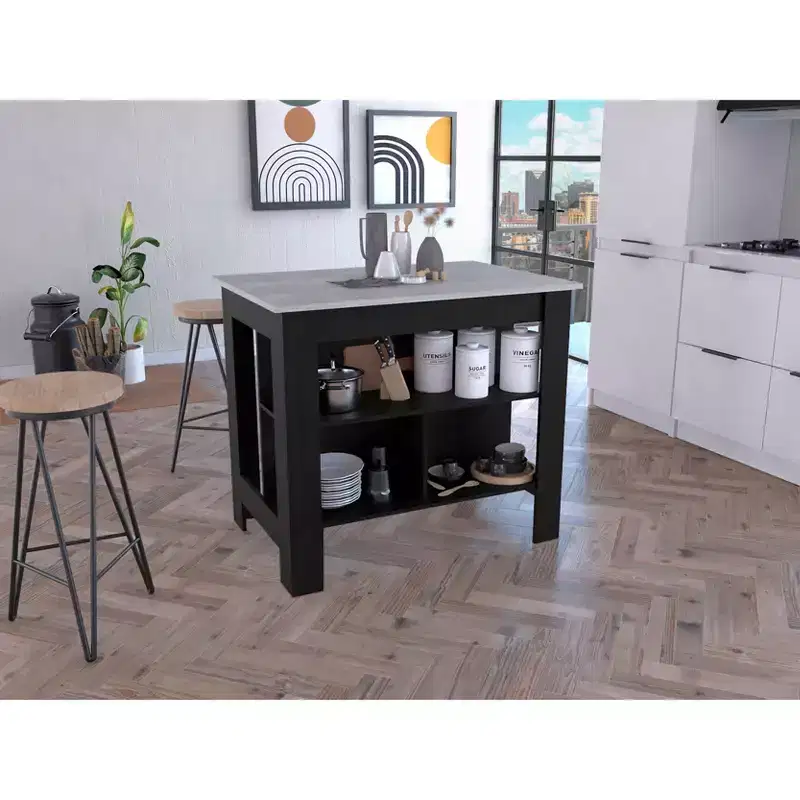 Minimalist Kitchen Island with 3 Large Storage Shelves & Countertop Organizer