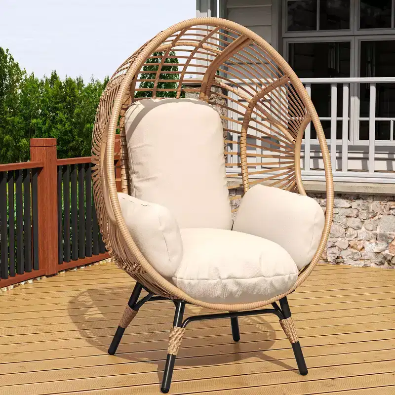 Whisen Outdoor Arc Back Hanging Egg Chair, Patio PE Rattan Swing Chair with Cushion - Natural