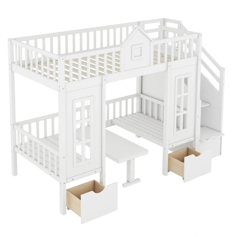 Twin-Over-Twin Bunk Bed with Changeable Table, Bunk Bed Turn into Upper Bed and Down Desk -Gray