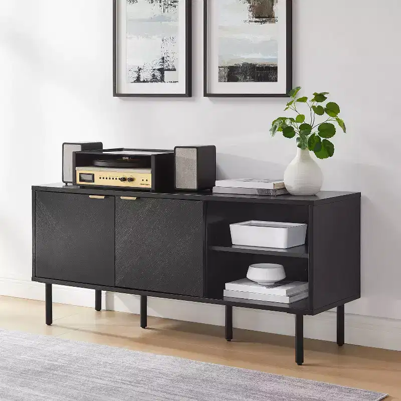 Crosley 54" Brody Record Storage Sideboard Black: Oak Wood Grain, Brass Handles, Cable Management