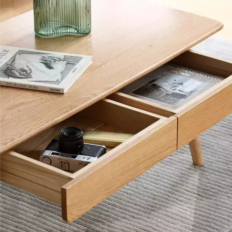 GDFStudio Dean Oak Solid Wood Rectangular Coffee Table with Two Dawers