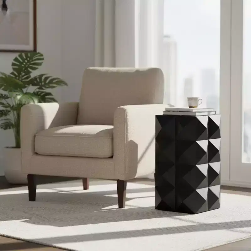 Geometric Carved Solid Wood Accent End Table, Black Side Table for Living Room and Bedroom