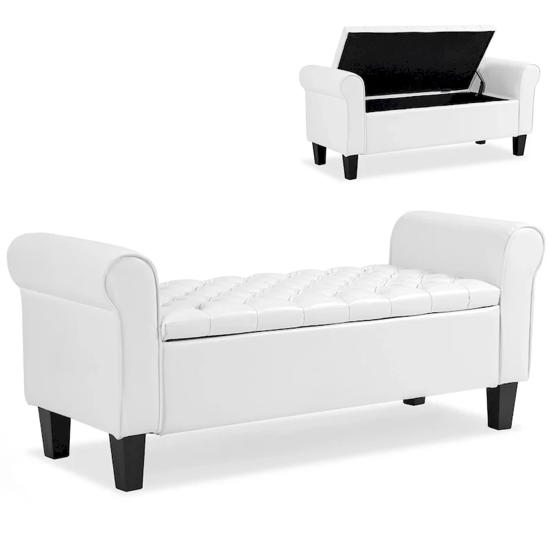 Leather Storage Ottoman Bench with Arms, 2-Seater, Beige / Brown / Black