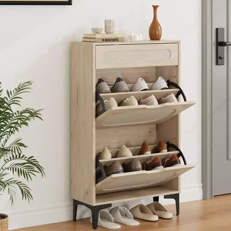 Rattan Shoe Cabinet with 2 Flip Drawers and 1 Pull-Out Drawer, Free Stand Shoe Storage Cabinet
