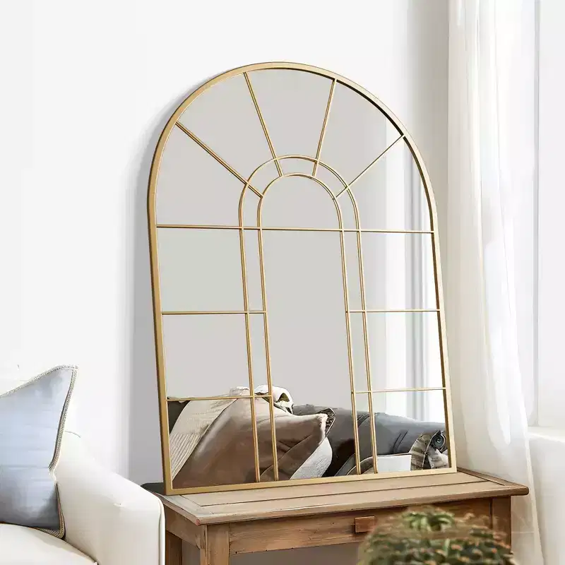 Iron Art Right Angle Double Arch Golden Grid Wall Mirror 105*70*2cm