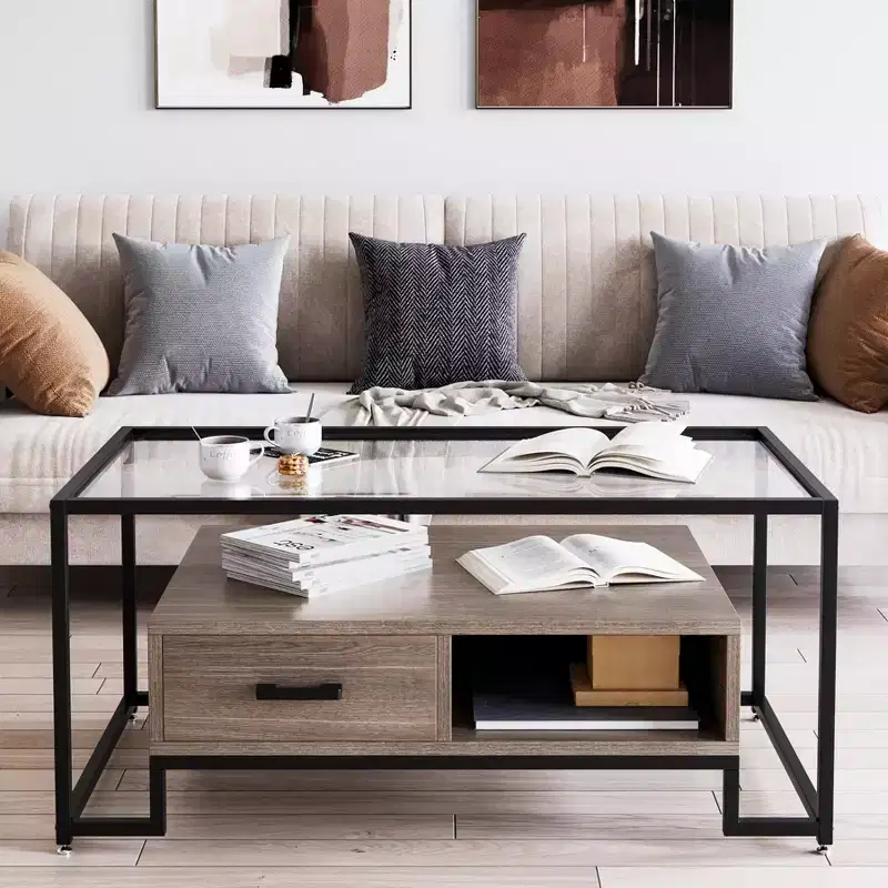 Rectangular Glass Coffee Table with 2 Drawers & Storage Shelf  Vintage Center Table for Living Room