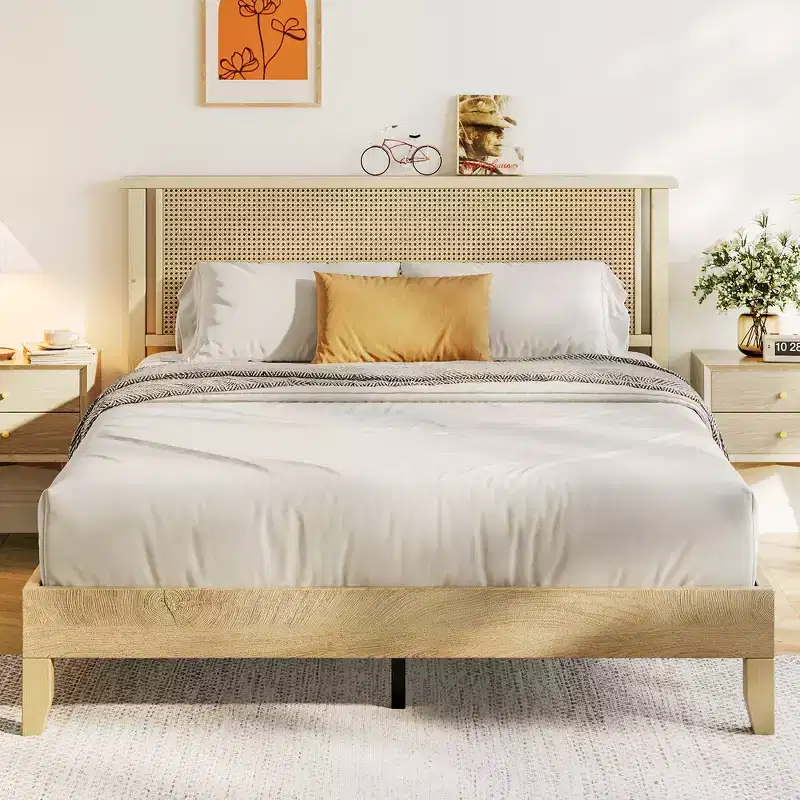 Dyonery Queen Platform Bed Frame with 18.9-Inch Woven Rattan Headboard, Solid Wood Slat Support, Noise-Free Mattress Foundation, No Box Spring Needed