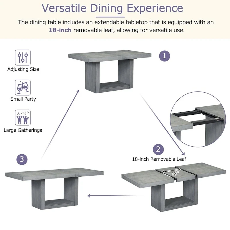 6-Piece 78inch Extendable Pedestal Dining Table Set with 18inch Removable Leaf and Dining Bench, 4 Upholstered Dining Chairs