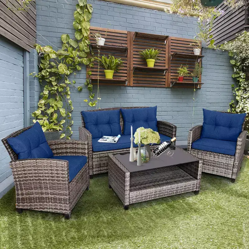 Costway 4 PCS/8PCS Patio Rattan Furniture Set Coffee Table Cushioned Sofa Garden Lawn Navy
