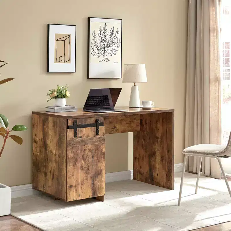 47.25IN Farmhouse Home Office Desks, Computer Desk with 1 Faux Barn Door and 3-Tier Shelves, Standing Desk for Home, Office