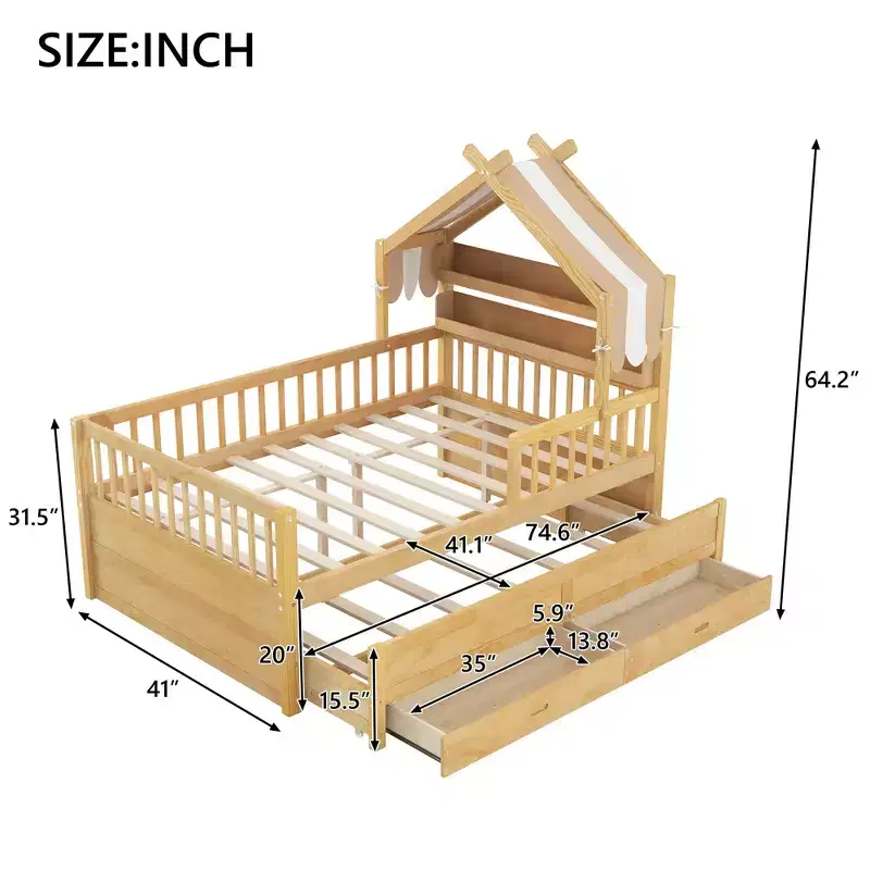 GDFStudio Sanders Wooden House Bed with trundle and Fabric